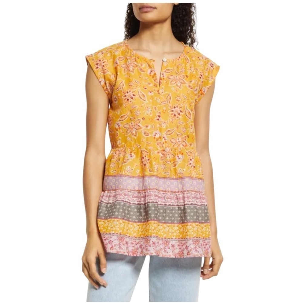 BEACHLUNCHLOUNGE Jessa Border Print Sleeveless Shirt Papaya Lilies Size S NEW